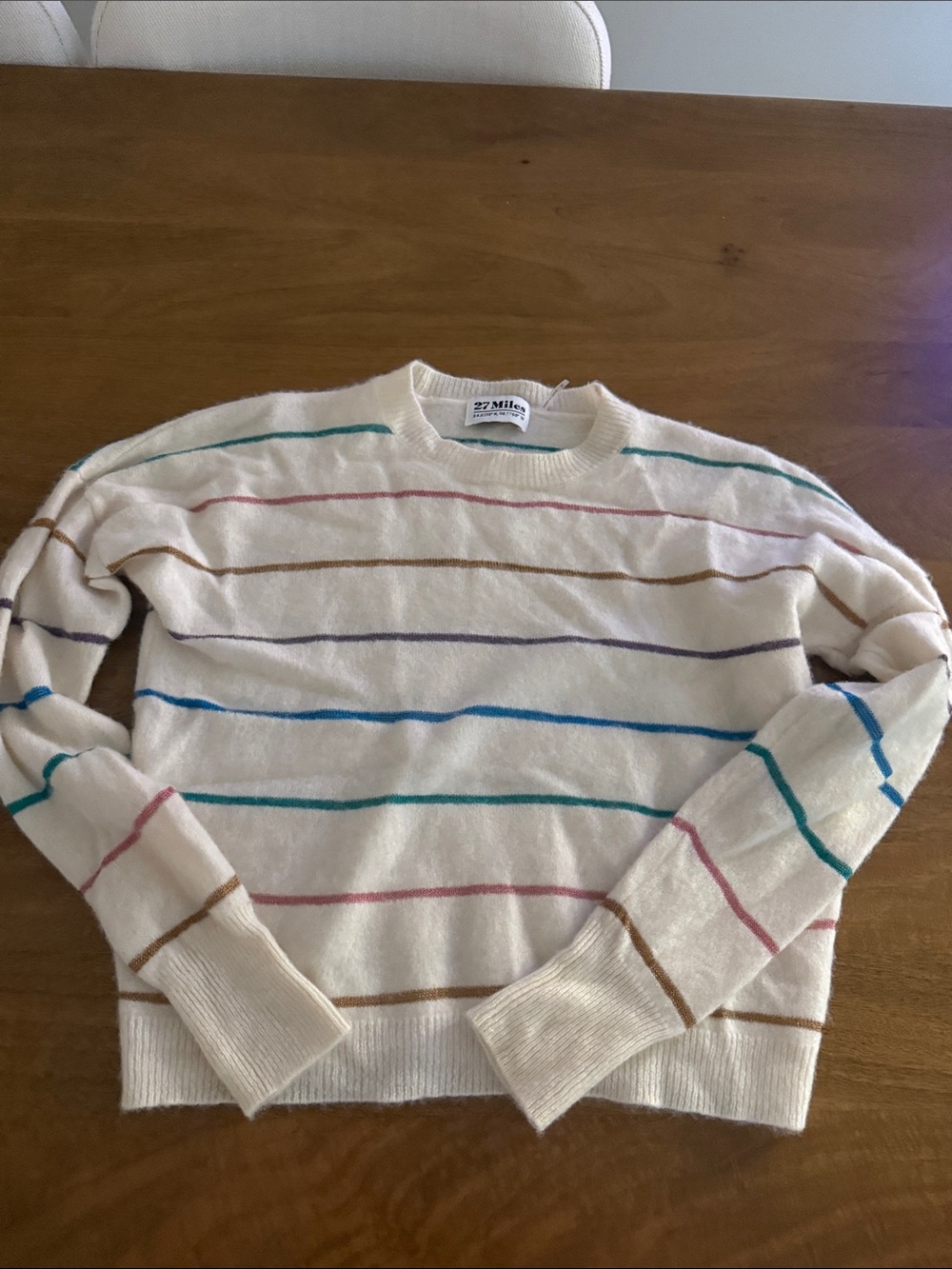 27 Miles Malibu 100% Cashmere Cream Crewneck Sweater with Multicolor Stripes